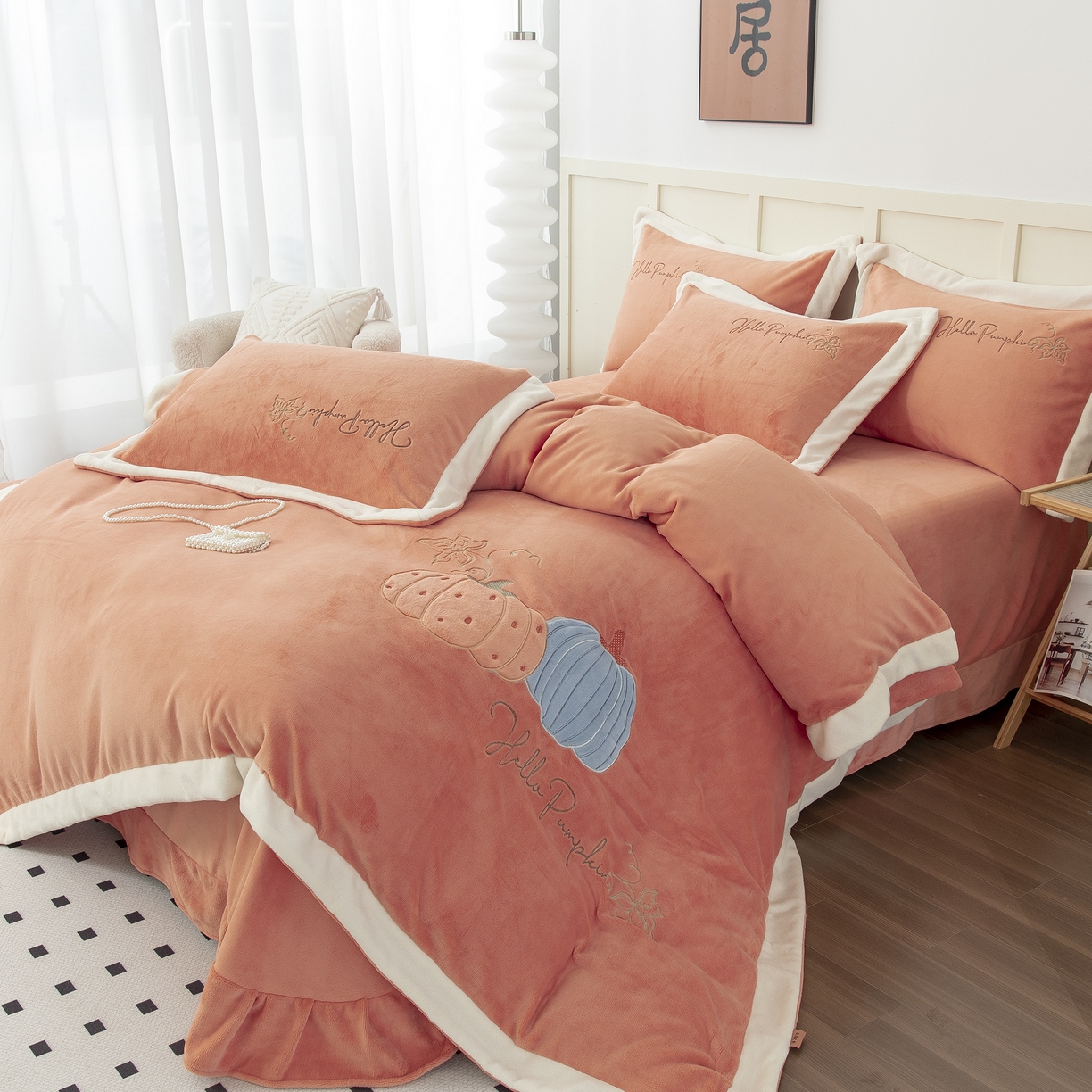 91家纺网 家纺一手货源 找家纺 贝尔 2025新款南瓜派-全消光拼角刺绣四件套 橘色