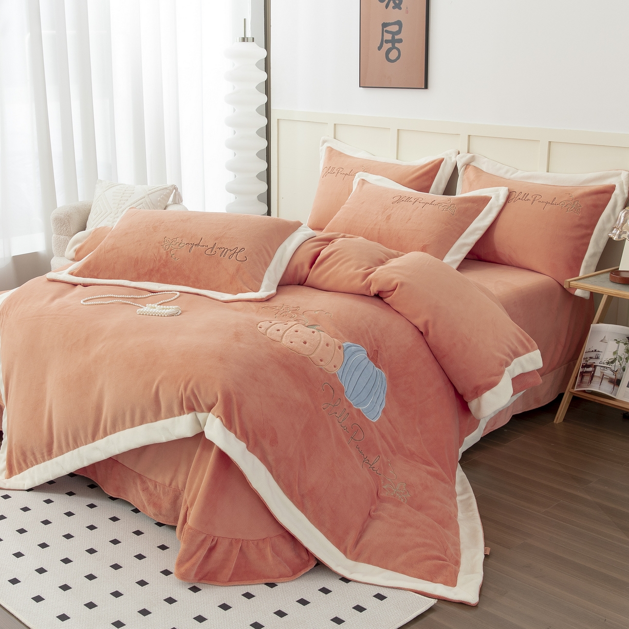 91家纺网 家纺一手货源 找家纺 贝尔 2025新款南瓜派-全消光拼角刺绣四件套 橘色