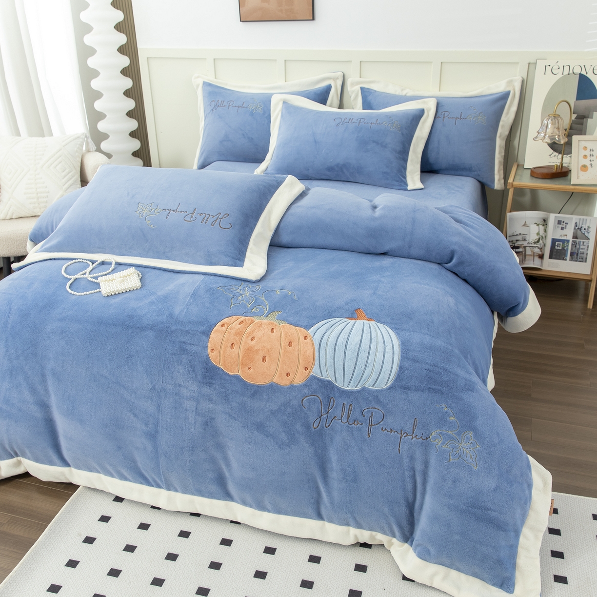 91家纺网 家纺一手货源 找家纺 贝尔 2025新款南瓜派-全消光拼角刺绣四件套 兰色