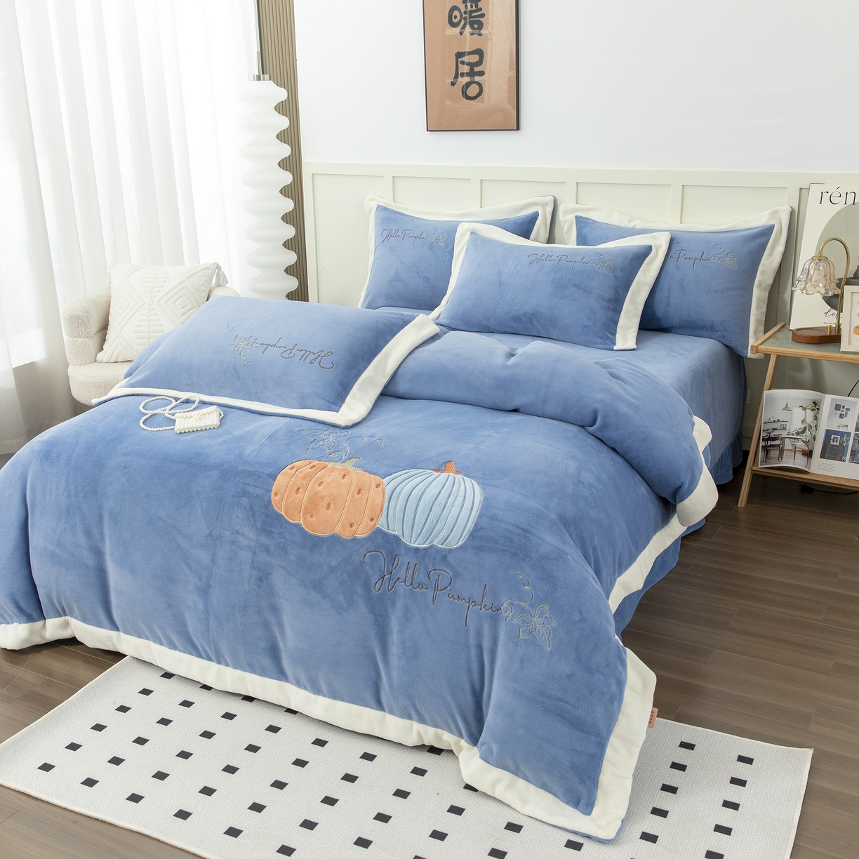 91家纺网 家纺一手货源 找家纺 贝尔 2025新款南瓜派-全消光拼角刺绣四件套 兰色