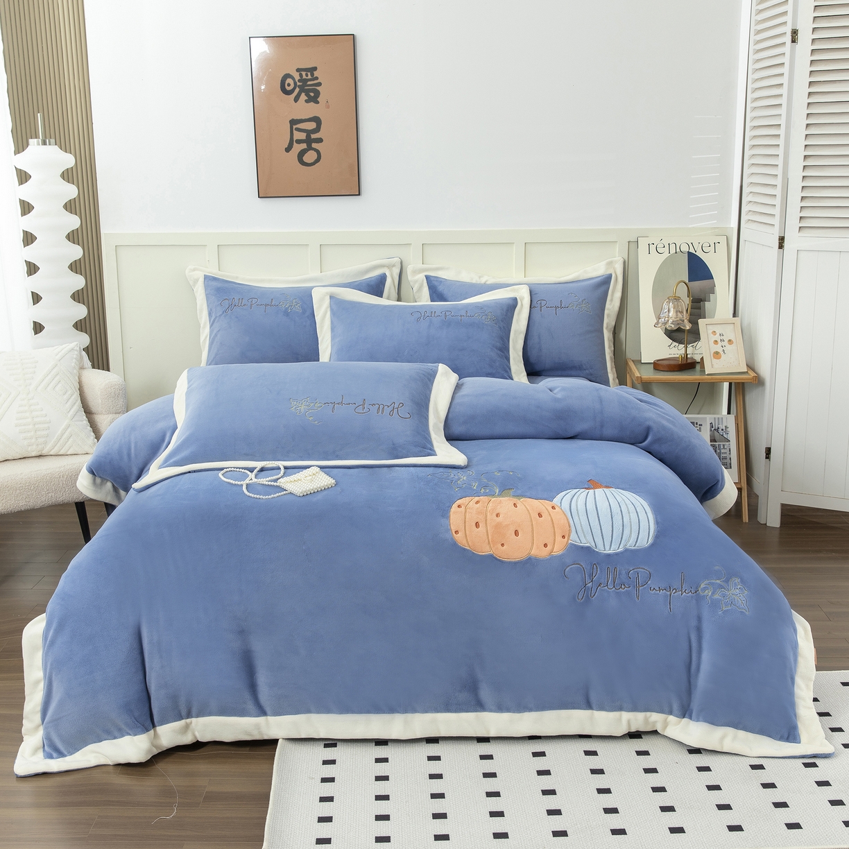 91家纺网 家纺一手货源 找家纺 贝尔 2025新款南瓜派-全消光拼角刺绣四件套 兰色