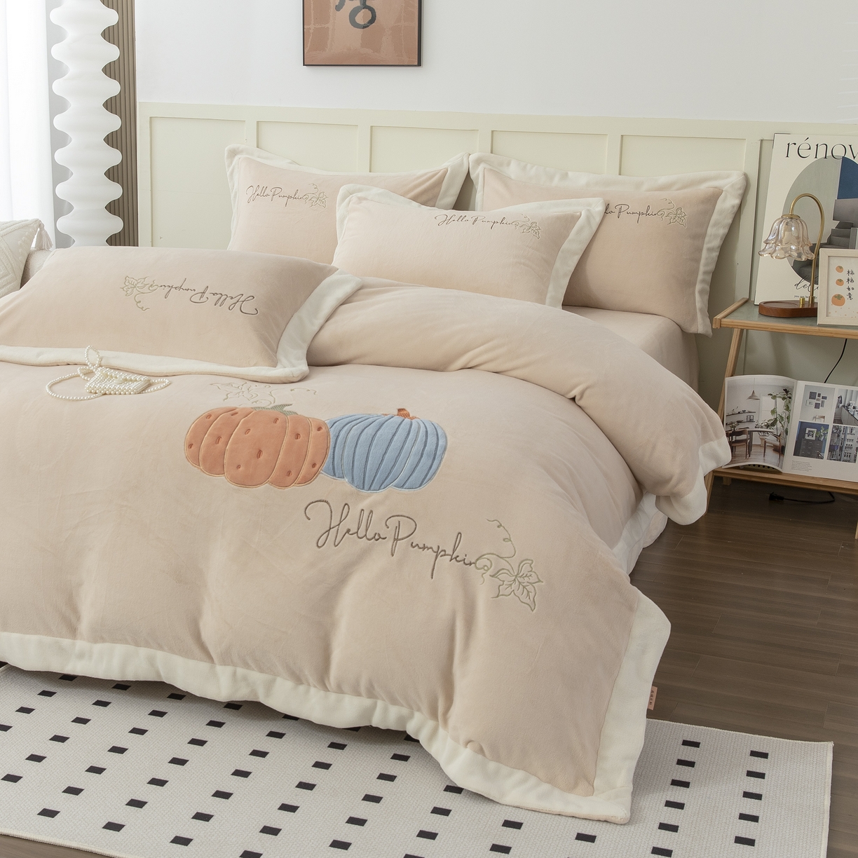 91家纺网 家纺一手货源 找家纺 贝尔 2025新款南瓜派-全消光拼角刺绣四件套 米驼