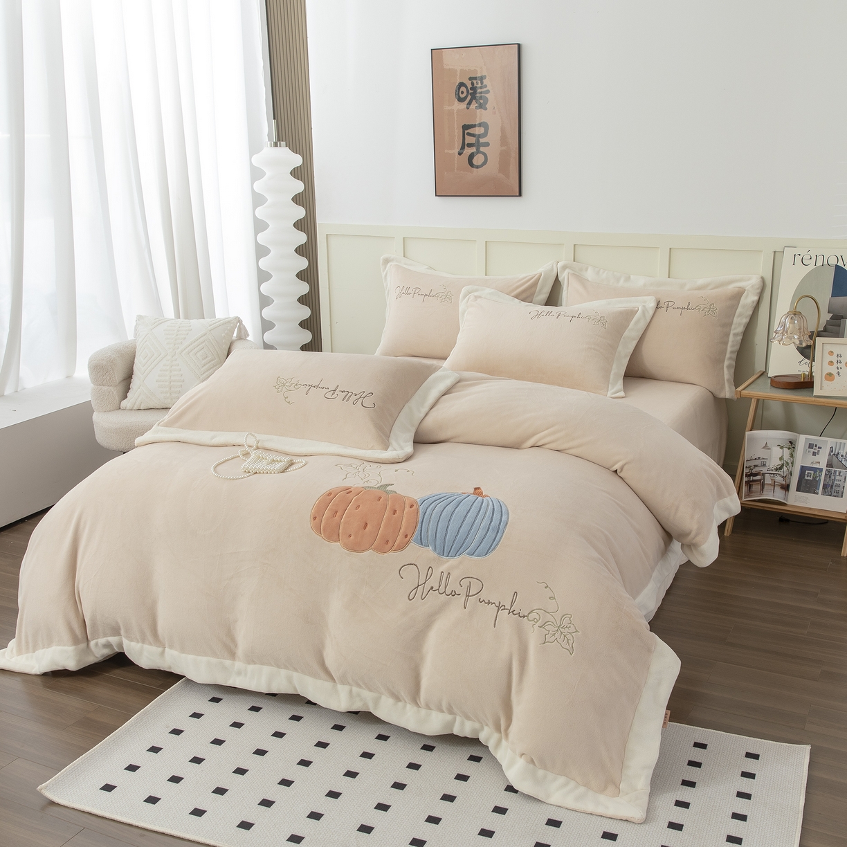 91家纺网 家纺一手货源 找家纺 贝尔 2025新款南瓜派-全消光拼角刺绣四件套 米驼