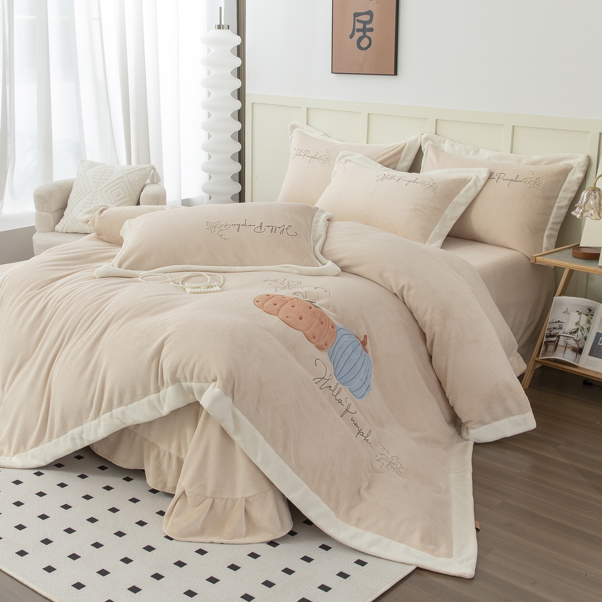 91家纺网 家纺一手货源 找家纺 贝尔 2025新款南瓜派-全消光拼角刺绣四件套 米驼