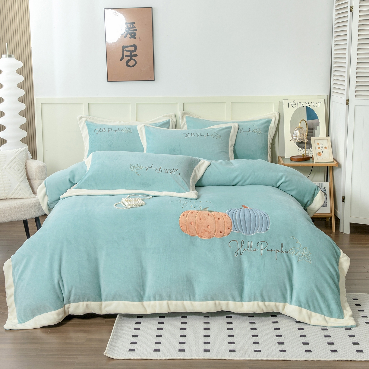 91家纺网 家纺一手货源 找家纺 贝尔 2025新款南瓜派-全消光拼角刺绣四件套 浅绿