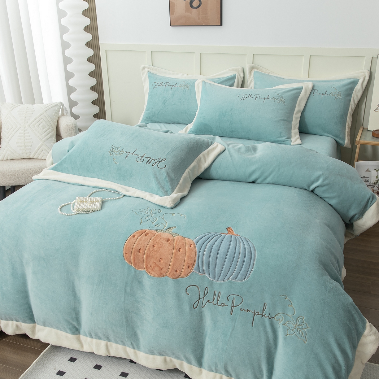 91家纺网 家纺一手货源 找家纺 贝尔 2025新款南瓜派-全消光拼角刺绣四件套 浅绿