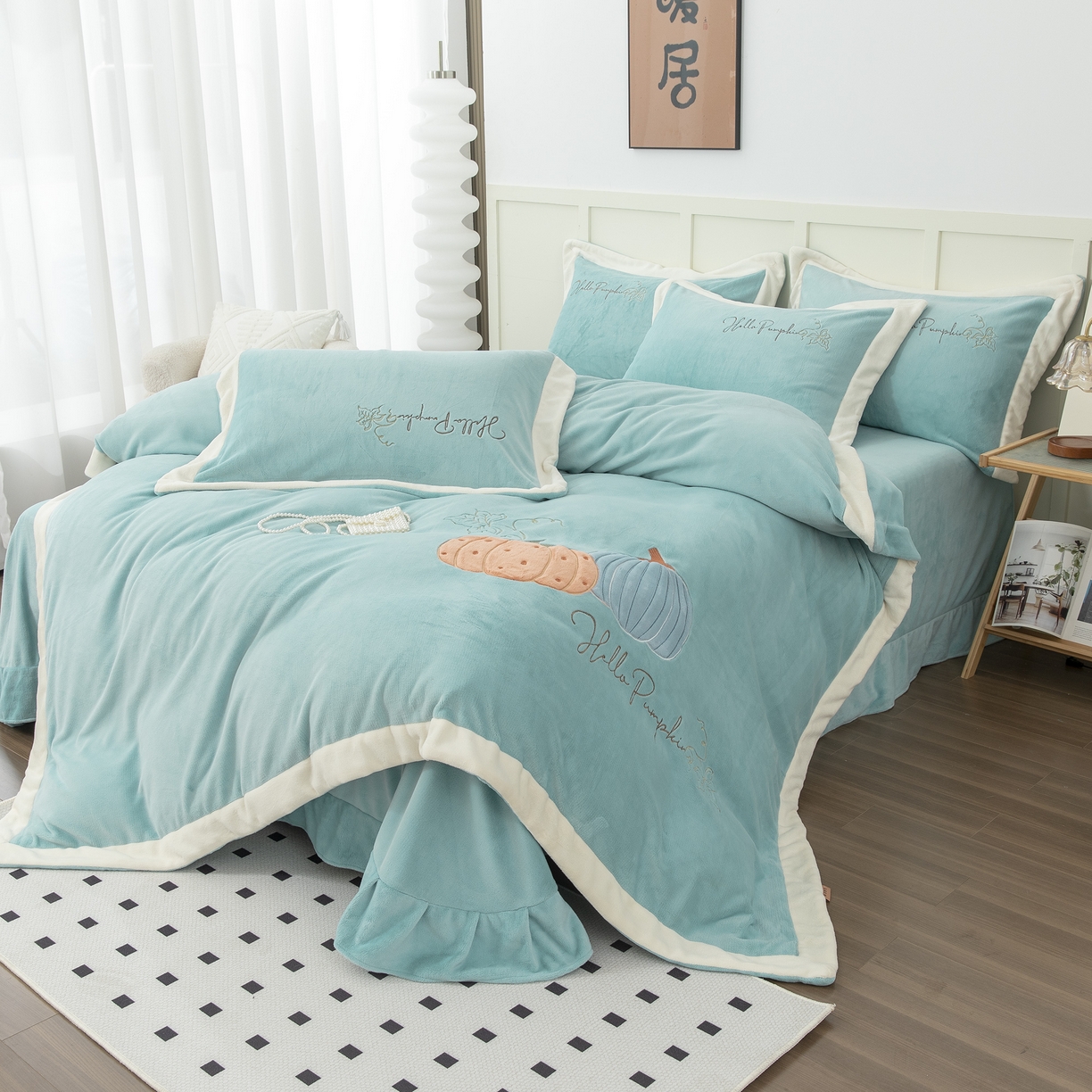 91家纺网 家纺一手货源 找家纺 贝尔 2025新款南瓜派-全消光拼角刺绣四件套 浅绿