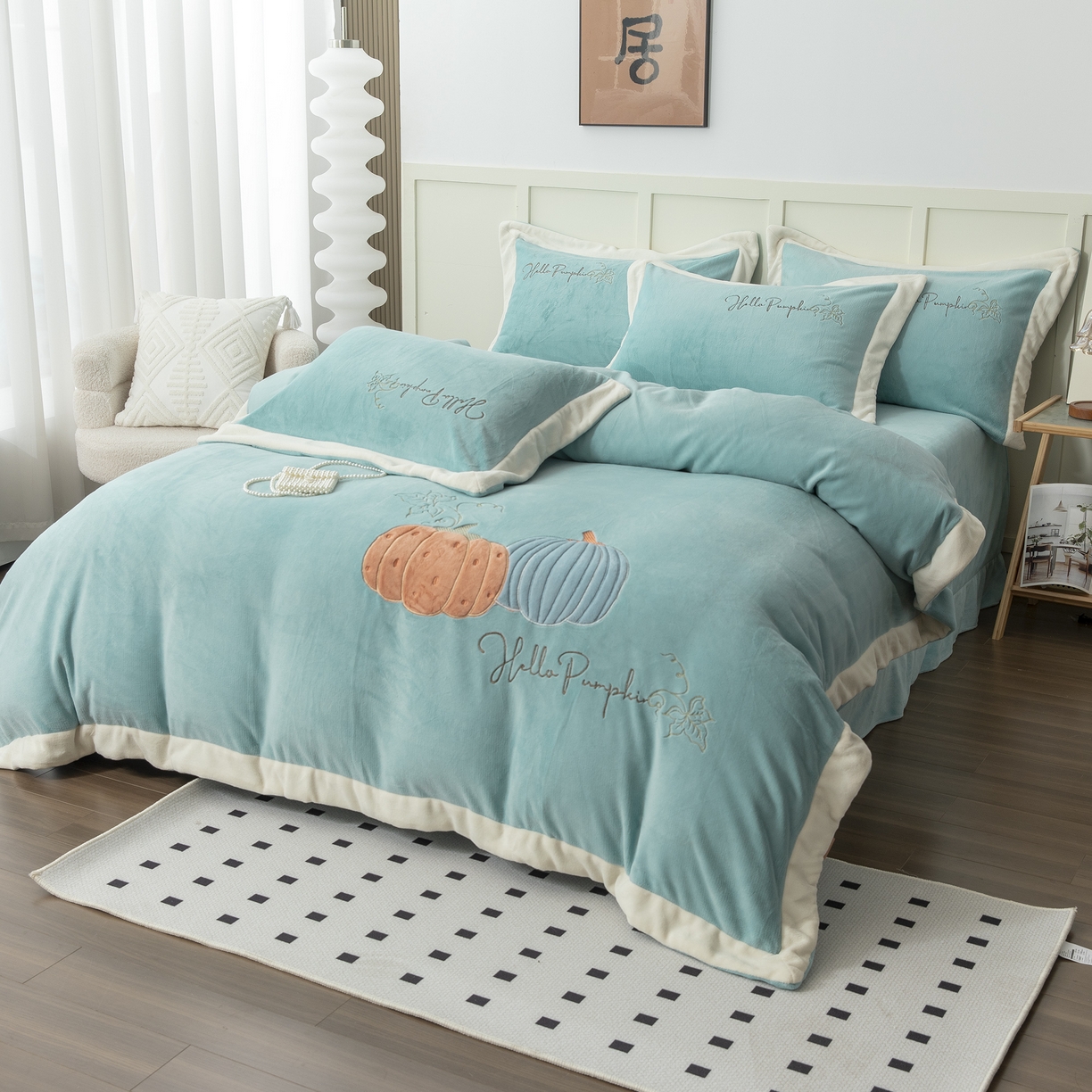 91家纺网 家纺一手货源 找家纺 贝尔 2025新款南瓜派-全消光拼角刺绣四件套 浅绿