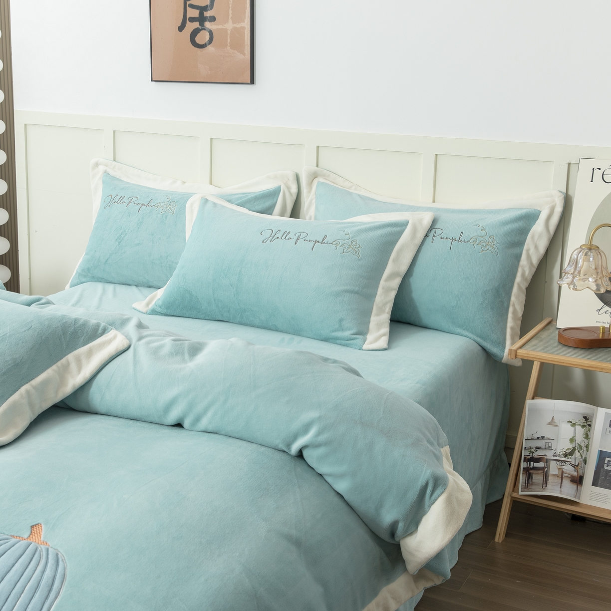 91家纺网 家纺一手货源 找家纺 贝尔 2025新款南瓜派-全消光拼角刺绣四件套 浅绿