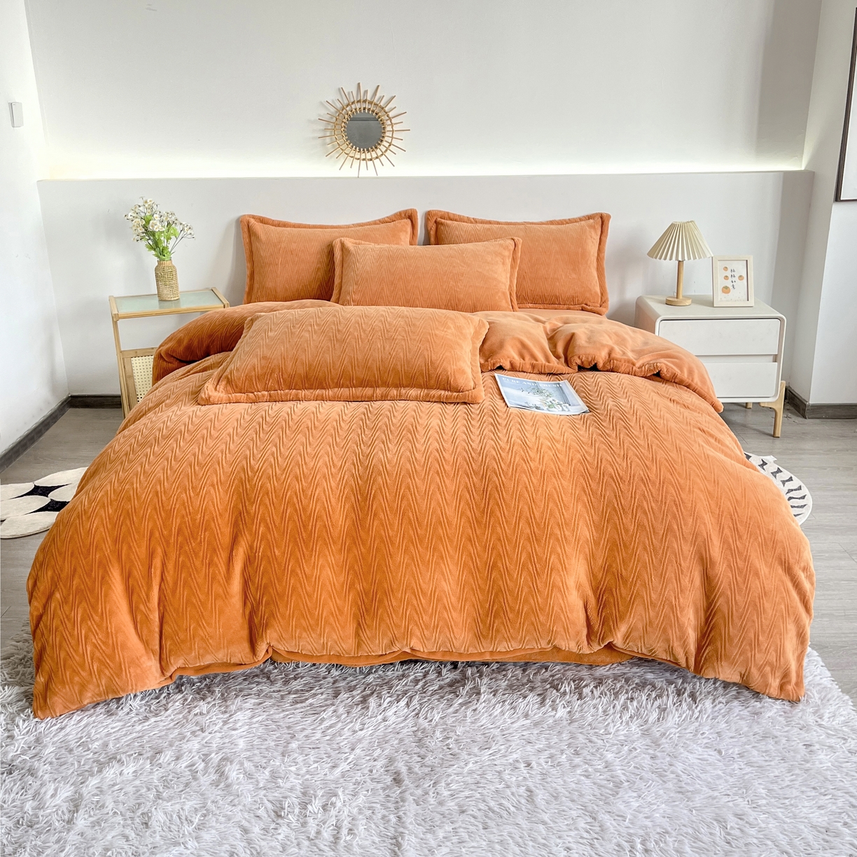 2025新款全消光皮草绒纯色高克重四件套（赠送拎袋）——波纹 橘色