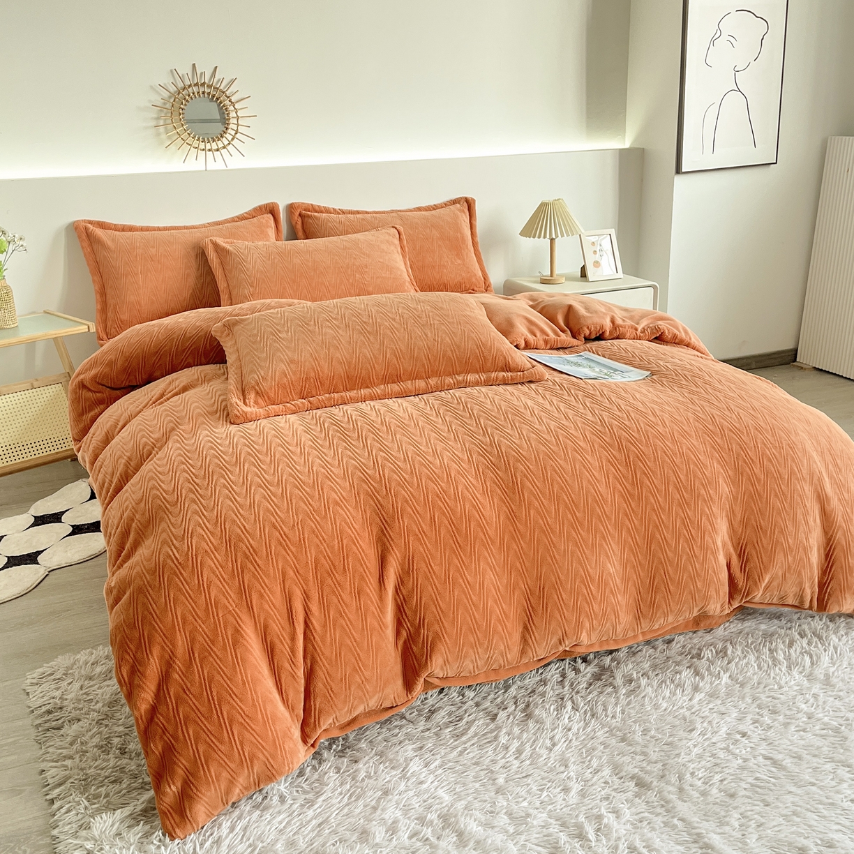 91家纺网 家纺一手货源 找家纺 2025新款全消光皮草绒纯色高克重四件套（赠送拎袋）——波纹 橘色