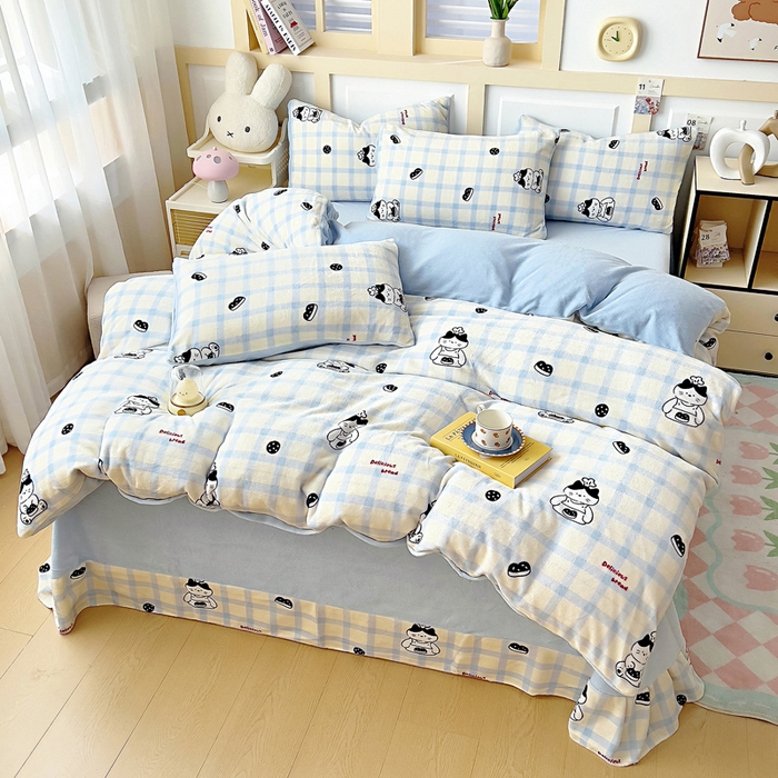 91家纺网 家纺一手货源 找家纺 找底底家纺 2025新款牛奶绒四件套（日发50套优惠8元一套） 蓝格猫