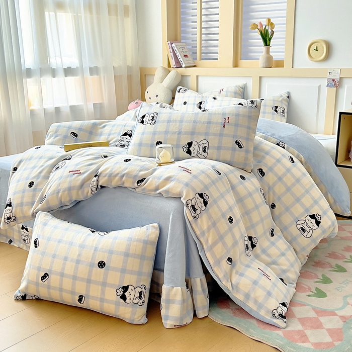 91家纺网 家纺一手货源 找家纺 找底底家纺 2025新款牛奶绒四件套（日发50套优惠8元一套） 蓝格猫