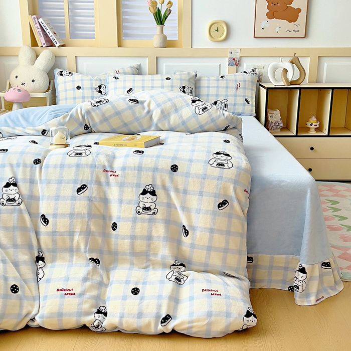 91家纺网 家纺一手货源 找家纺 找底底家纺 2025新款牛奶绒四件套（日发50套优惠8元一套） 蓝格猫