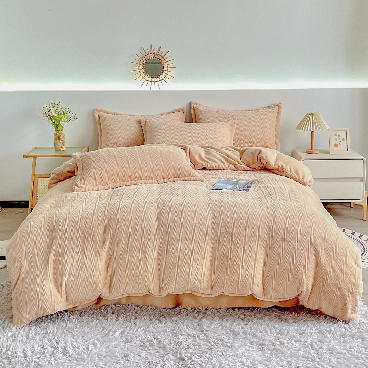 91家纺网 家纺一手货源 找家纺 2025新款全消光皮草绒纯色高克重四件套（赠送拎袋）——波纹 米驼