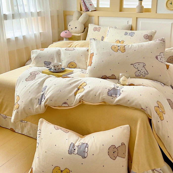 91家纺网 家纺一手货源 找家纺 找底底家纺 2025新款牛奶绒四件套（日发50套优惠8元一套） 奶黄小狗