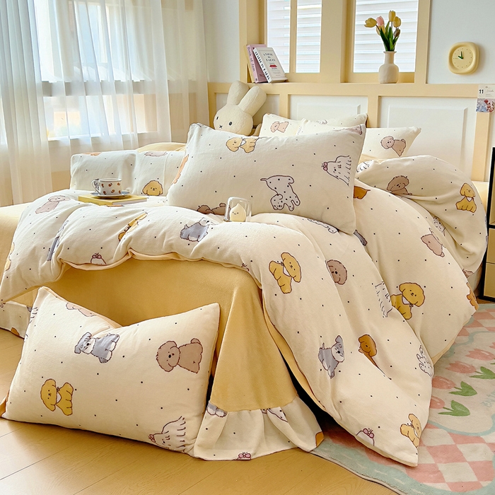 91家纺网 家纺一手货源 找家纺 找底底家纺 2025新款牛奶绒四件套（日发50套优惠8元一套） 奶黄小狗