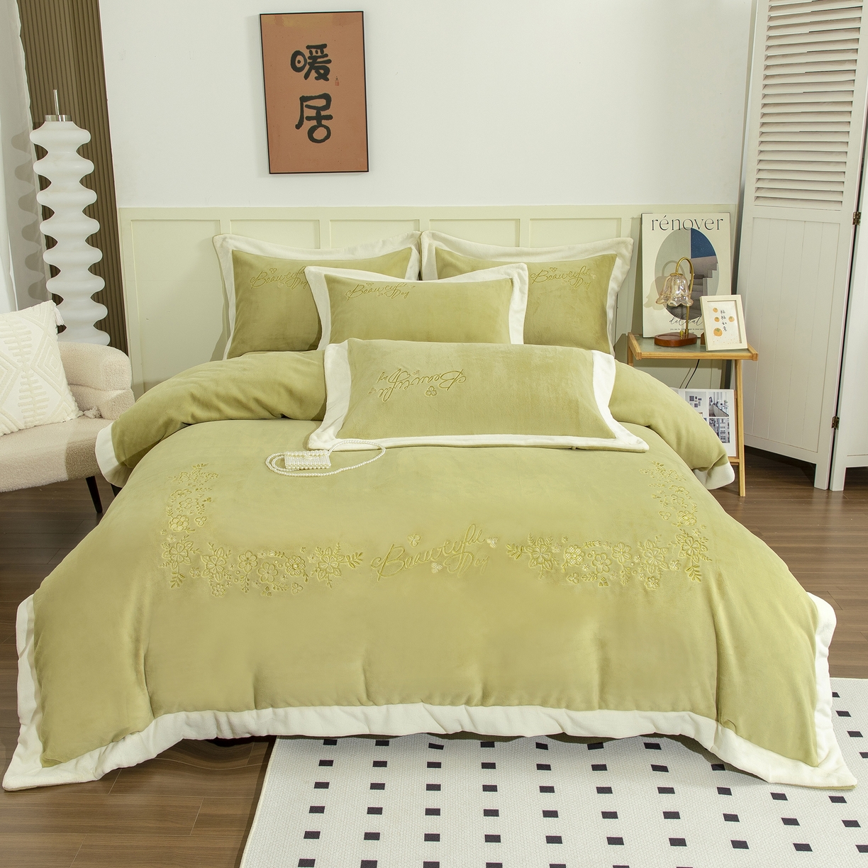 91家纺网 家纺一手货源 找家纺 贝尔 2025新款青黛-纯色高克重全消光蚕丝绒（赠送拎袋）拼角刺绣四件套 芥末绿