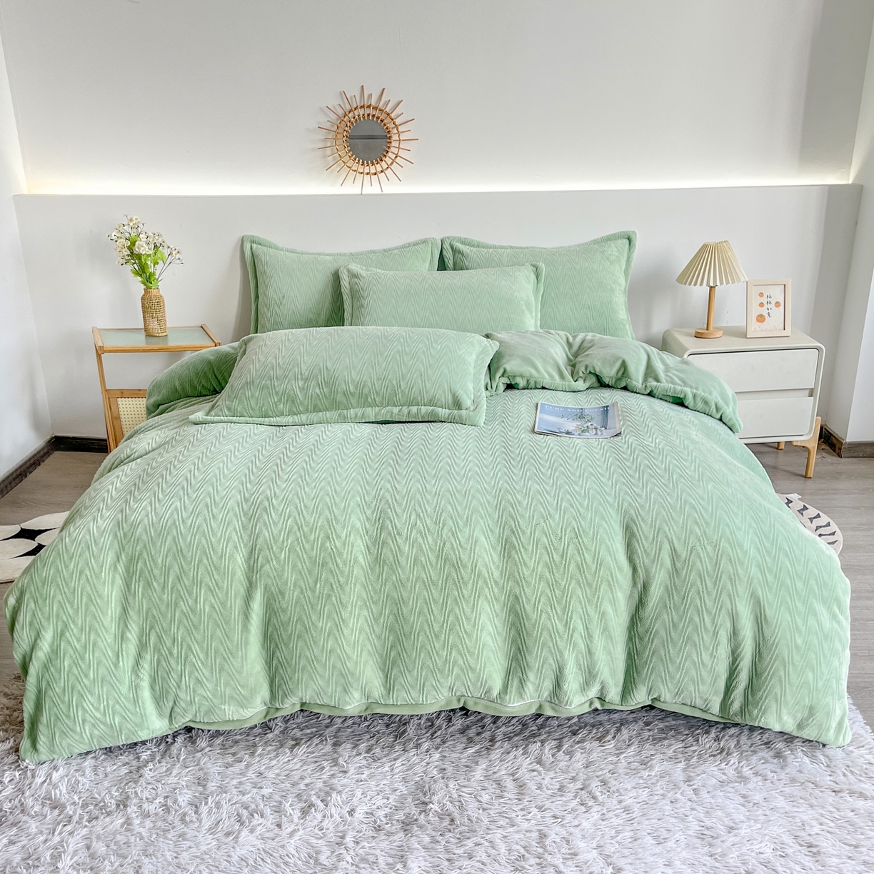 91家纺网 家纺一手货源 找家纺 2025新款全消光皮草绒纯色高克重四件套（赠送拎袋）——波纹 抹茶绿