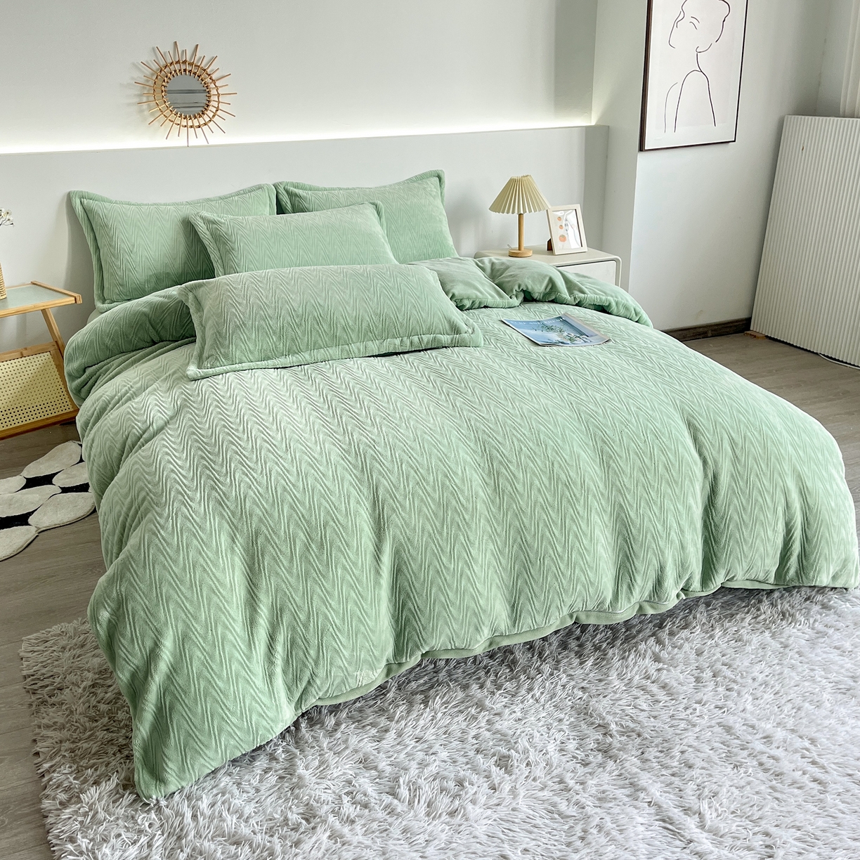 91家纺网 家纺一手货源 找家纺 2025新款全消光皮草绒纯色高克重四件套（赠送拎袋）——波纹 抹茶绿