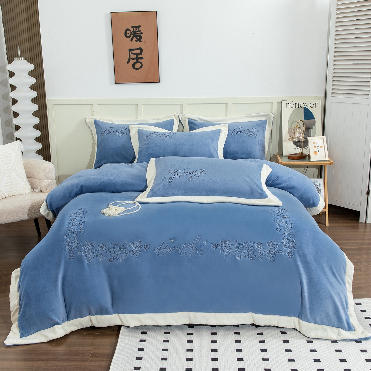 91家纺网 家纺一手货源 找家纺 贝尔 2025新款青黛-纯色高克重全消光蚕丝绒（赠送拎袋）拼角刺绣四件套 兰色