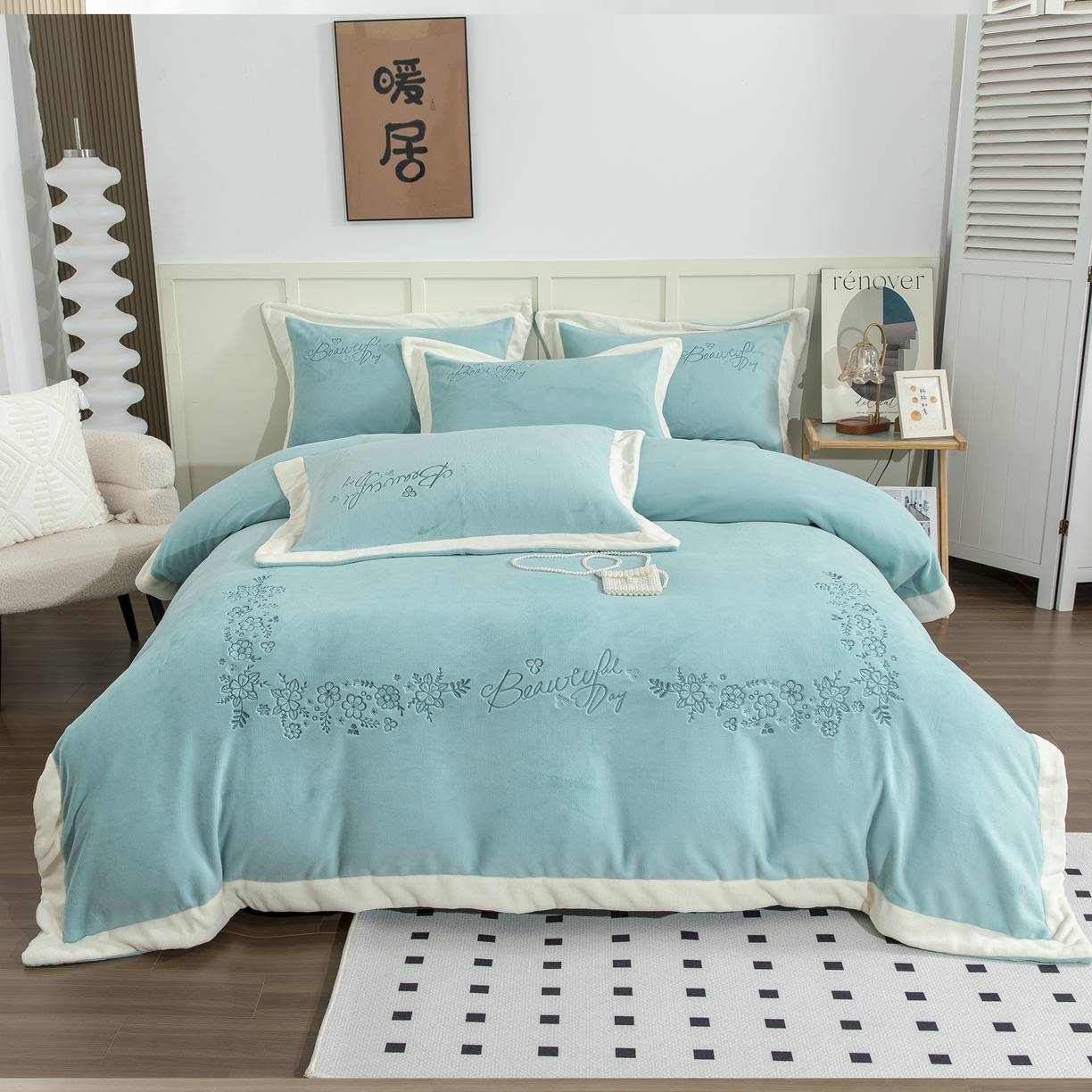 91家纺网 家纺一手货源 找家纺 贝尔 2025新款青黛-纯色高克重全消光蚕丝绒（赠送拎袋）拼角刺绣四件套 浅绿