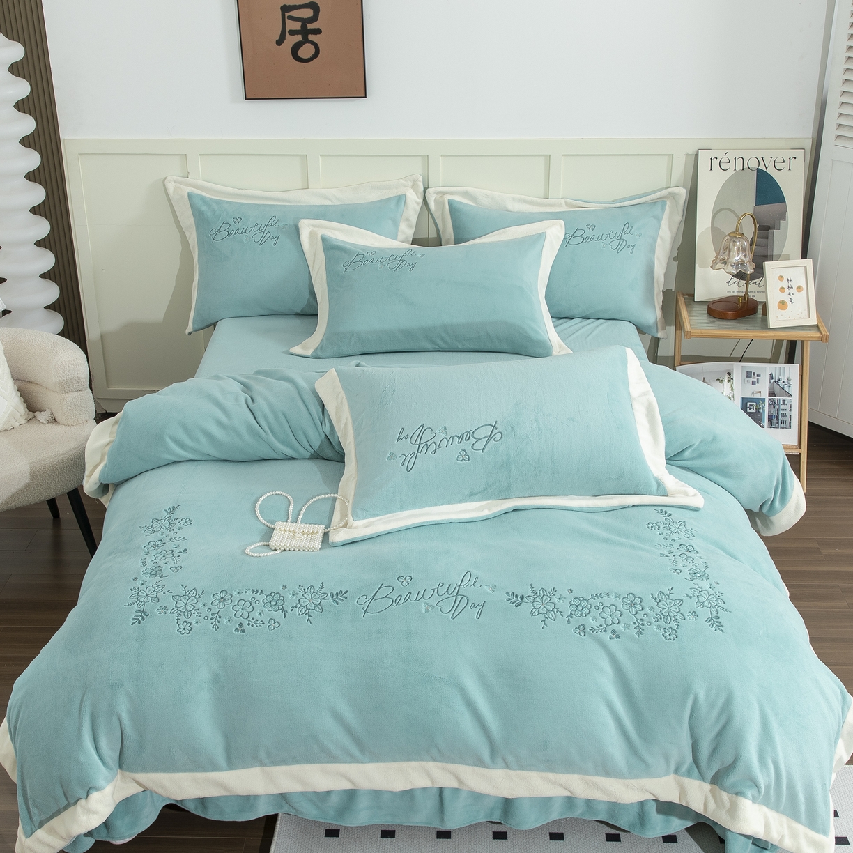 91家纺网 家纺一手货源 找家纺 贝尔 2025新款青黛-纯色高克重全消光蚕丝绒（赠送拎袋）拼角刺绣四件套 浅绿