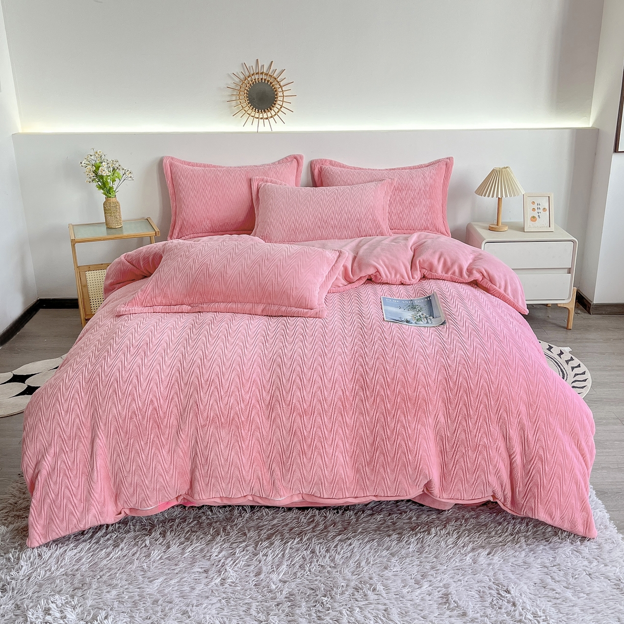 2025新款全消光皮草绒纯色高克重四件套（赠送拎袋）——波纹 仙女粉