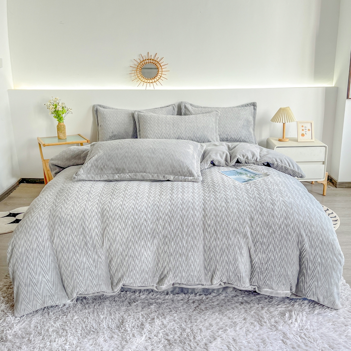 2025新款全消光皮草绒纯色高克重四件套（赠送拎袋）——波纹 银灰