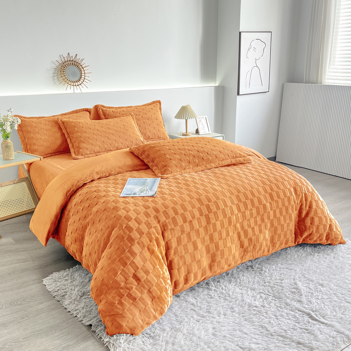 91家纺网 家纺一手货源 找家纺 （总） 2025新款全消光皮草绒纯色高克重四件套（赠送拎袋）——方格