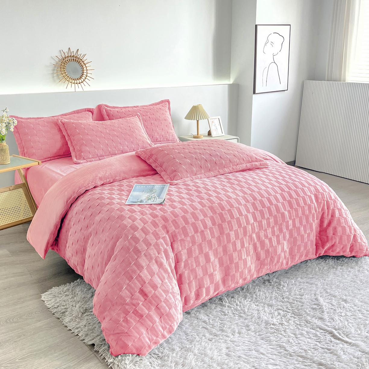 91家纺网 家纺一手货源 找家纺 （总） 2025新款全消光皮草绒纯色高克重四件套（赠送拎袋）——方格