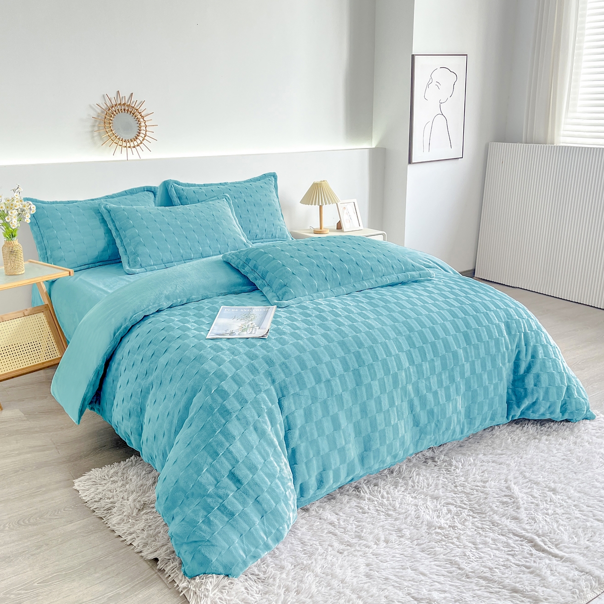 91家纺网 家纺一手货源 找家纺 （总） 2025新款全消光皮草绒纯色高克重四件套（赠送拎袋）——方格