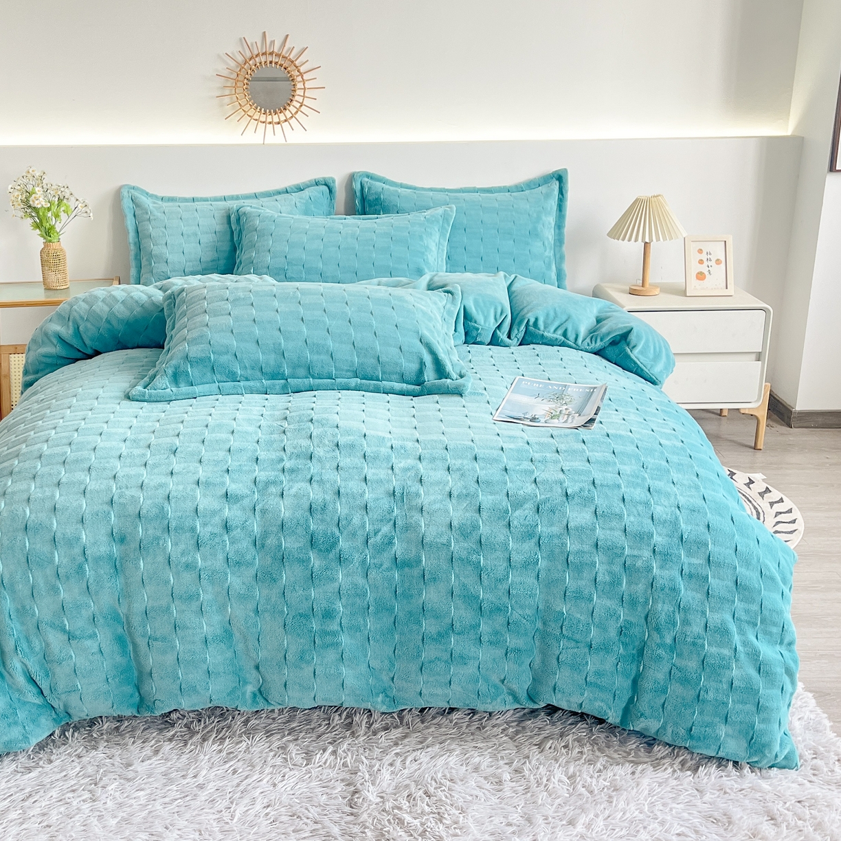 91家纺网 家纺一手货源 找家纺 （总） 2025新款全消光皮草绒纯色高克重四件套（赠送拎袋）——方格