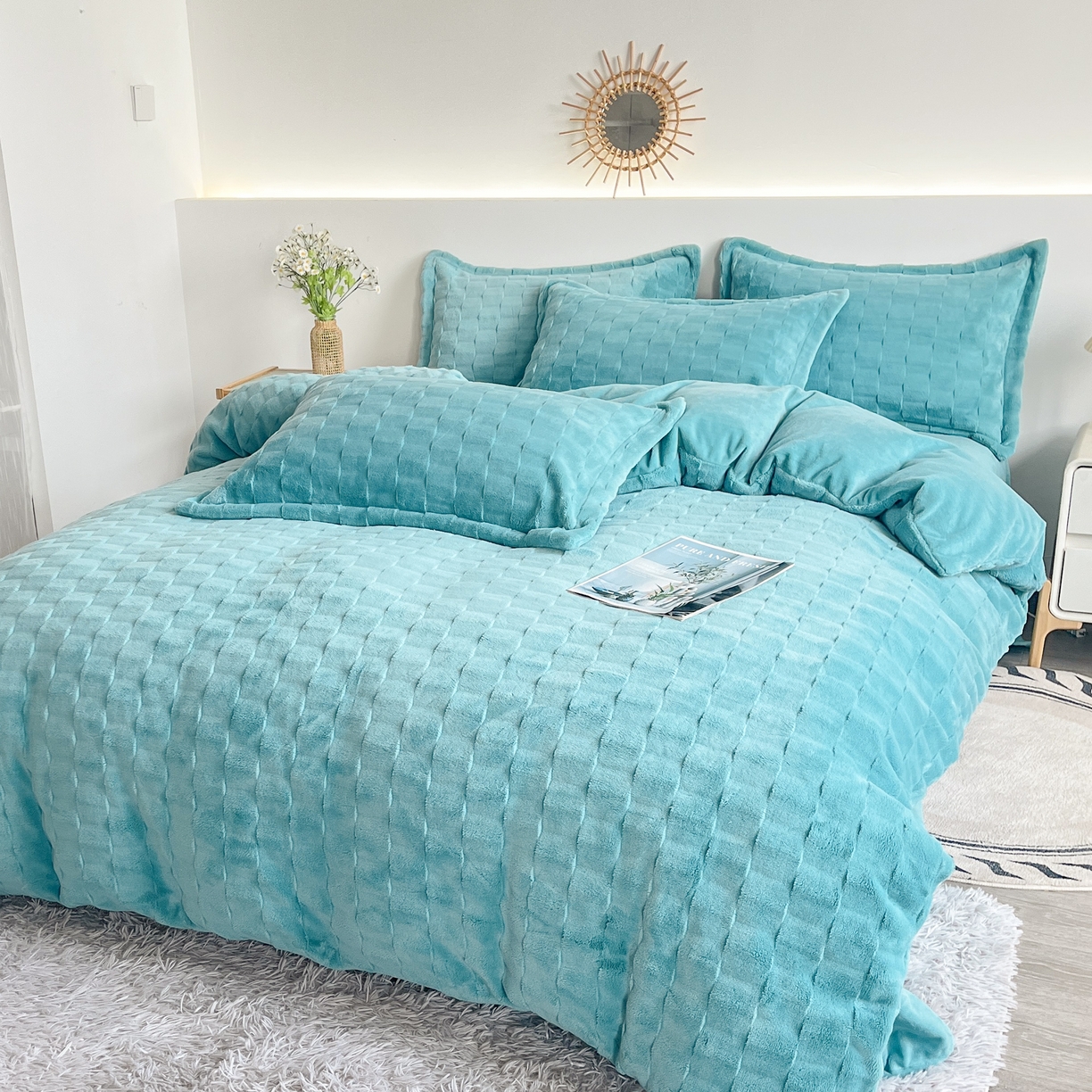 91家纺网 家纺一手货源 找家纺 （总） 2025新款全消光皮草绒纯色高克重四件套（赠送拎袋）——方格