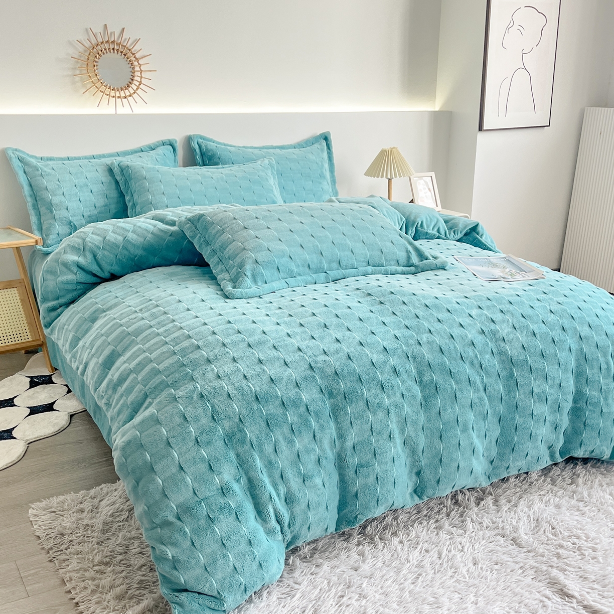 91家纺网 家纺一手货源 找家纺 （总） 2025新款全消光皮草绒纯色高克重四件套（赠送拎袋）——方格