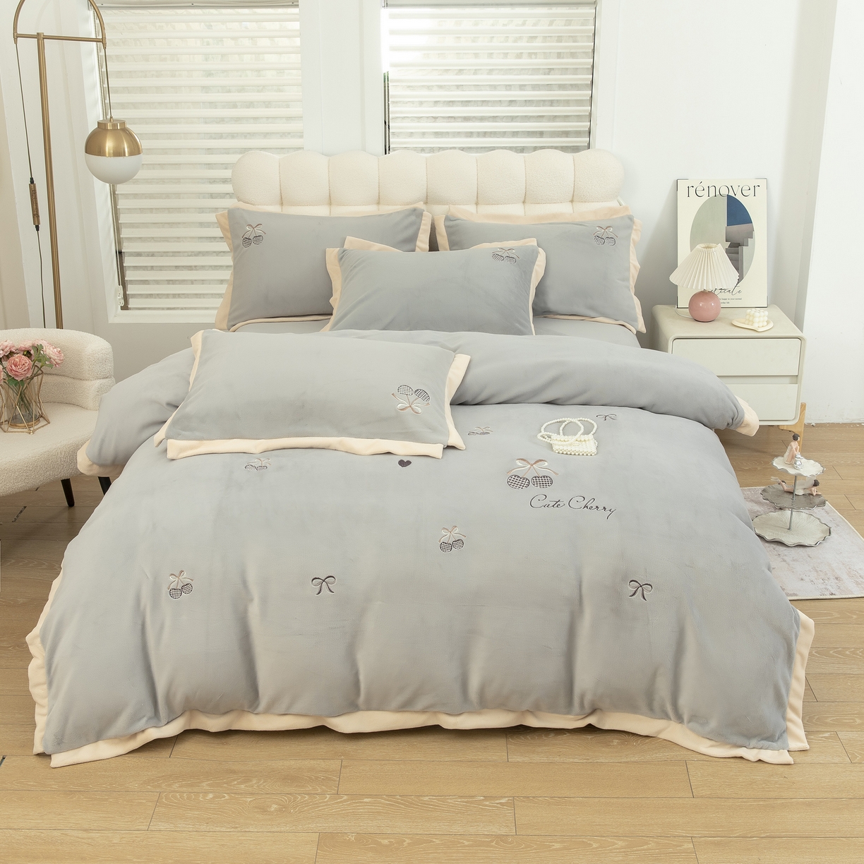 贝尔 2025新款甜蜜樱桃-纯色高克重全消光蚕丝绒（赠送拎袋）-段角刺绣四件套 甜蜜樱桃-银灰