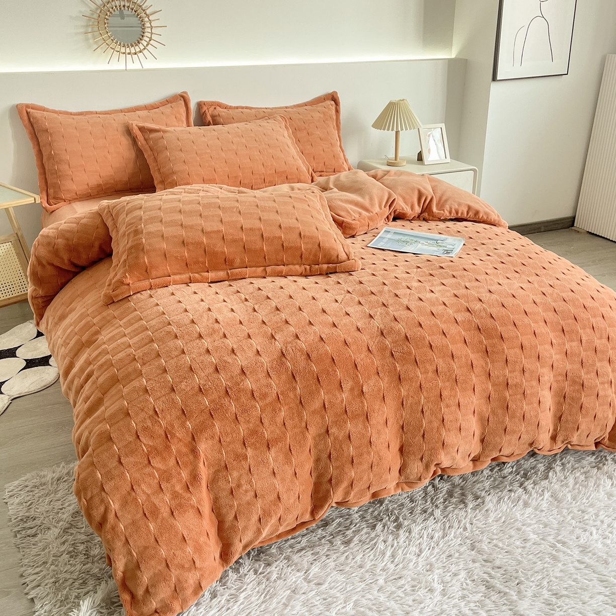 91家纺网 家纺一手货源 找家纺  2025新款全消光皮草绒纯色高克重四件套（赠送拎袋）——方格 橘色