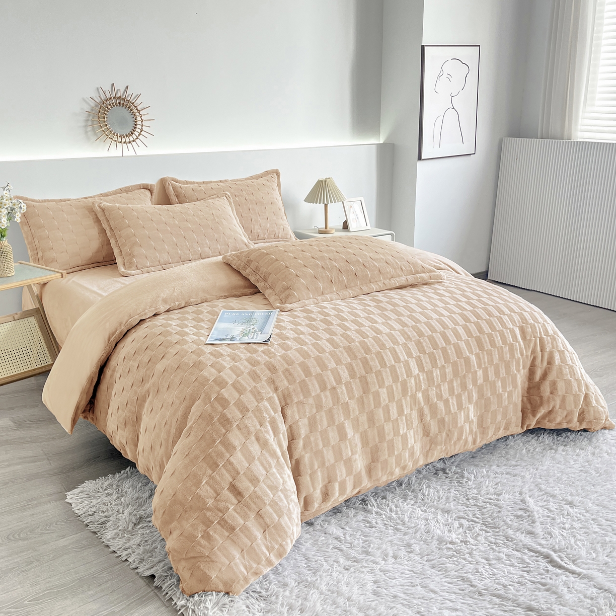  2025新款全消光皮草绒纯色高克重四件套（赠送拎袋）——方格 米驼