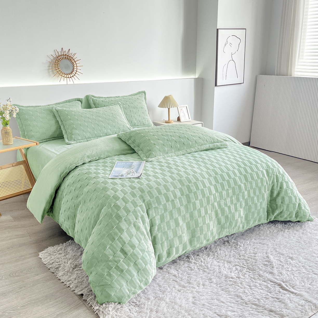  2025新款全消光皮草绒纯色高克重四件套（赠送拎袋）——方格 抹茶绿