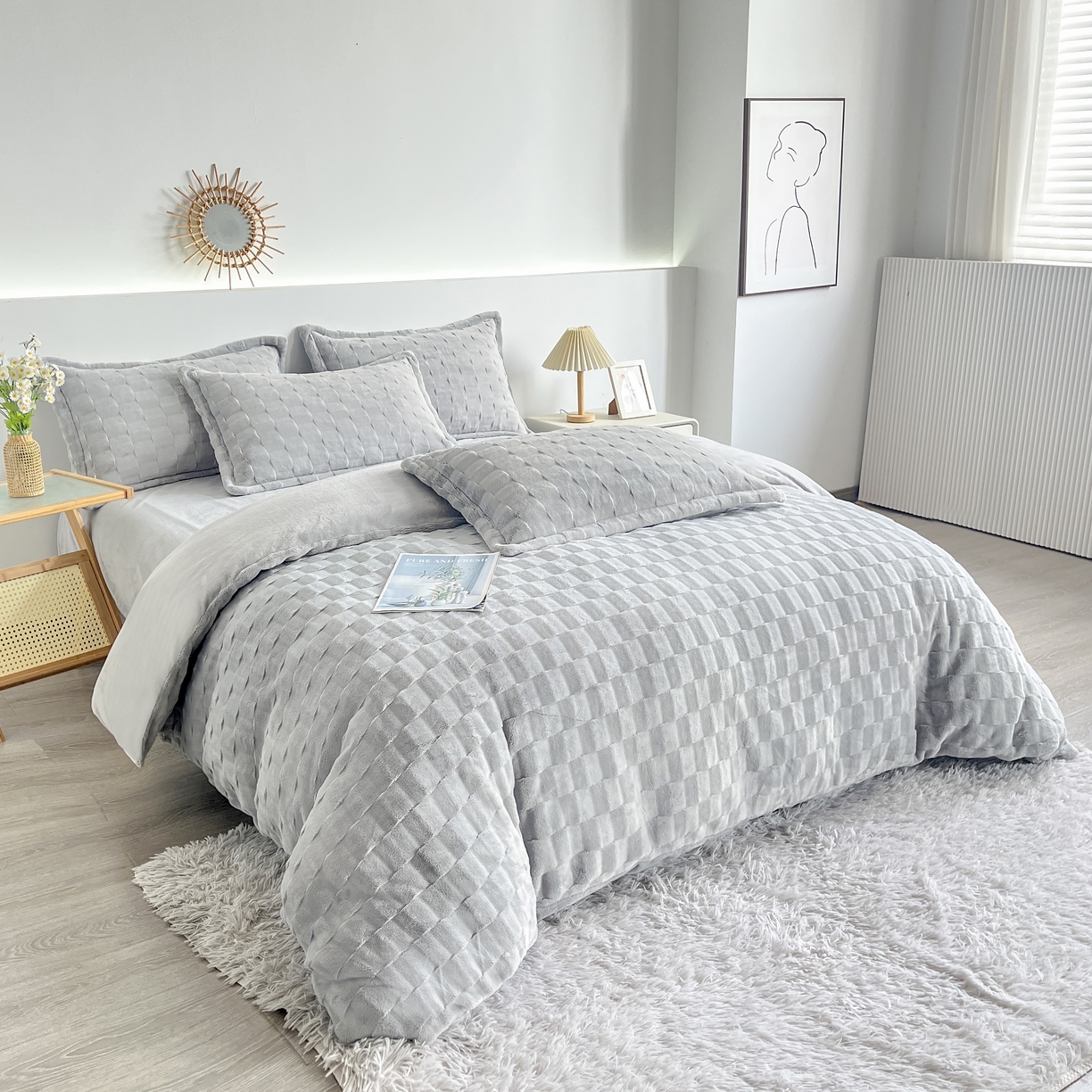  2025新款全消光皮草绒纯色高克重四件套（赠送拎袋）——方格 银灰