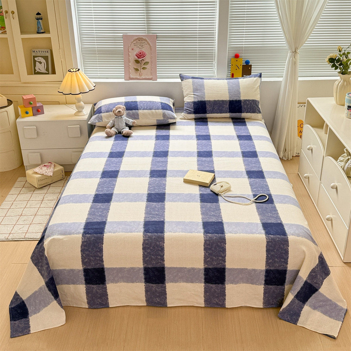 91家纺网 家纺一手货源 找家纺 名兮家居 2025秋冬新款100%全棉纯棉磨毛单床单 床单单件 大蓝格