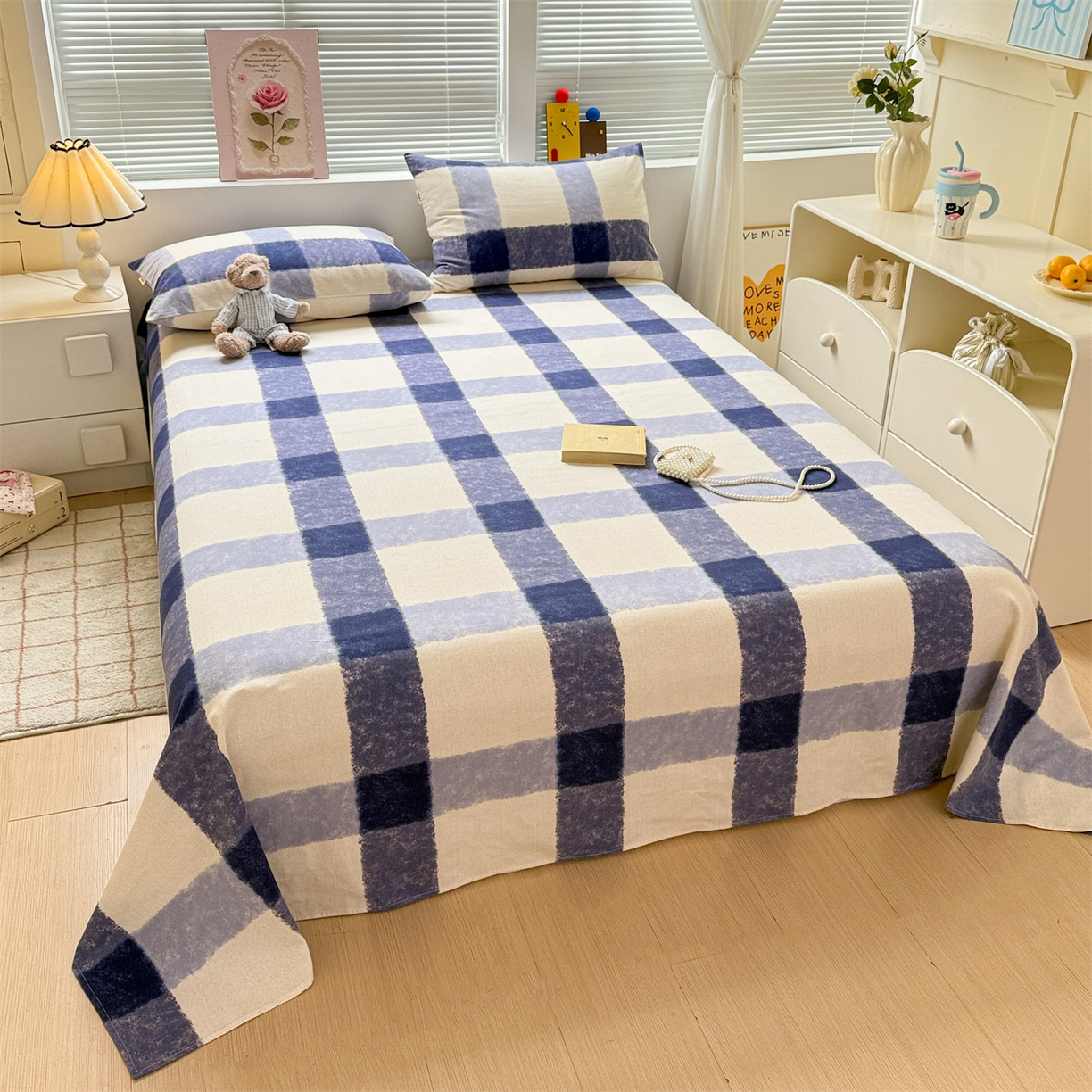 91家纺网 家纺一手货源 找家纺 名兮家居 2025秋冬新款100%全棉纯棉磨毛单床单 床单单件 大蓝格