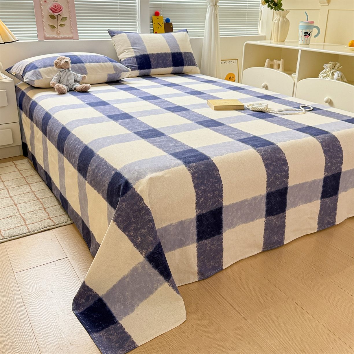 91家纺网 家纺一手货源 找家纺 名兮家居 2025秋冬新款100%全棉纯棉磨毛单床单 床单单件 大蓝格