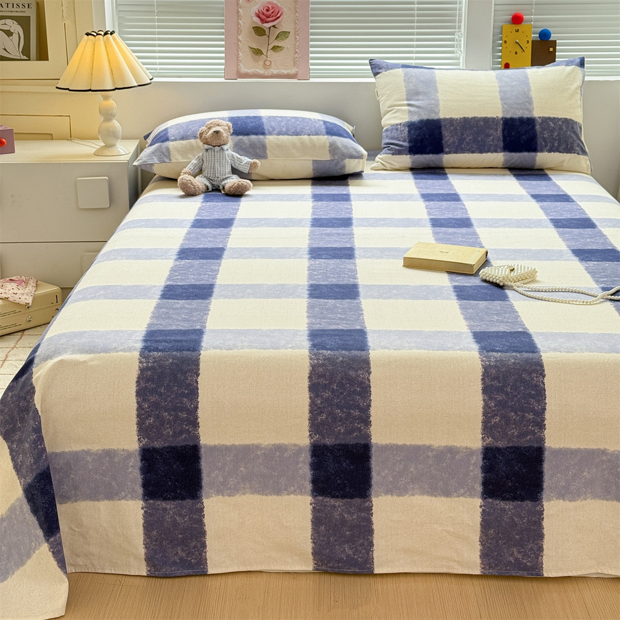 91家纺网 家纺一手货源 找家纺 名兮家居 2025秋冬新款100%全棉纯棉磨毛单床单 床单单件 大蓝格