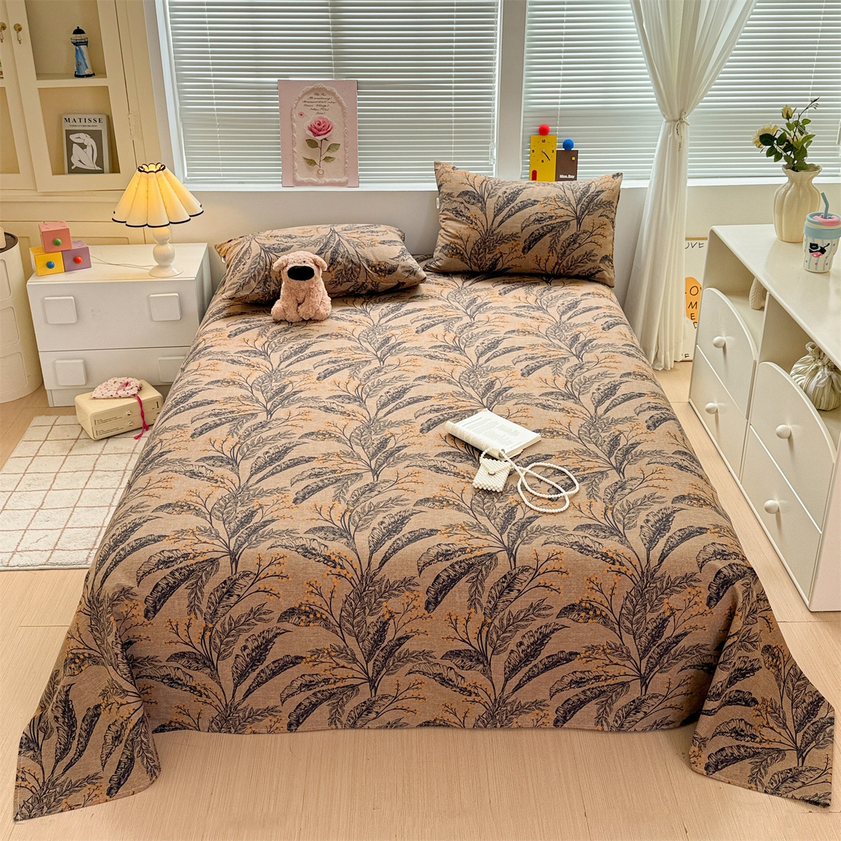 91家纺网 家纺一手货源 找家纺 名兮家居 2025秋冬新款100%全棉纯棉磨毛单床单 床单单件 繁叶流金-咖