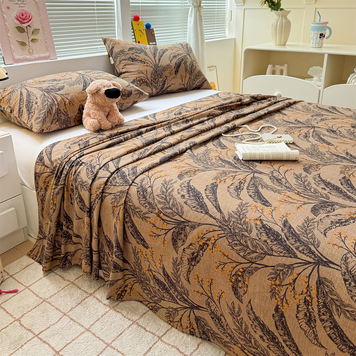 91家纺网 家纺一手货源 找家纺 名兮家居 2025秋冬新款100%全棉纯棉磨毛单床单 床单单件 繁叶流金-咖