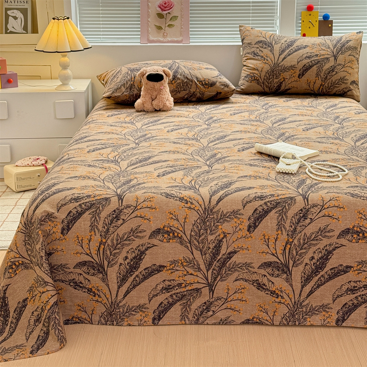 91家纺网 家纺一手货源 找家纺 名兮家居 2025秋冬新款100%全棉纯棉磨毛单床单 床单单件 繁叶流金-咖