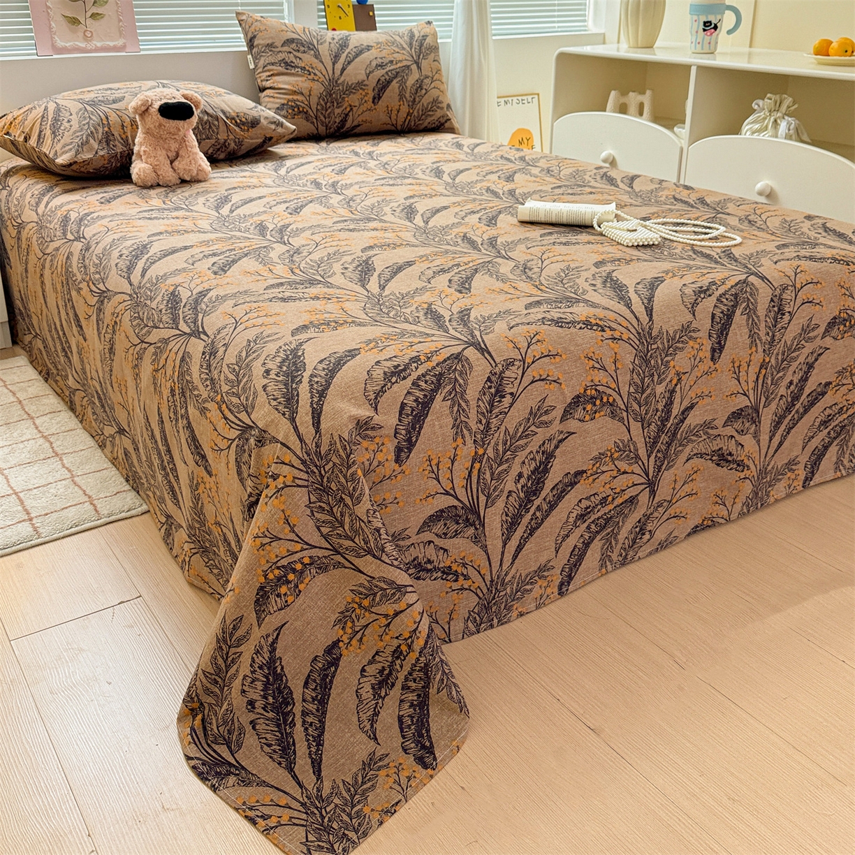 91家纺网 家纺一手货源 找家纺 名兮家居 2025秋冬新款100%全棉纯棉磨毛单床单 床单单件 繁叶流金-咖