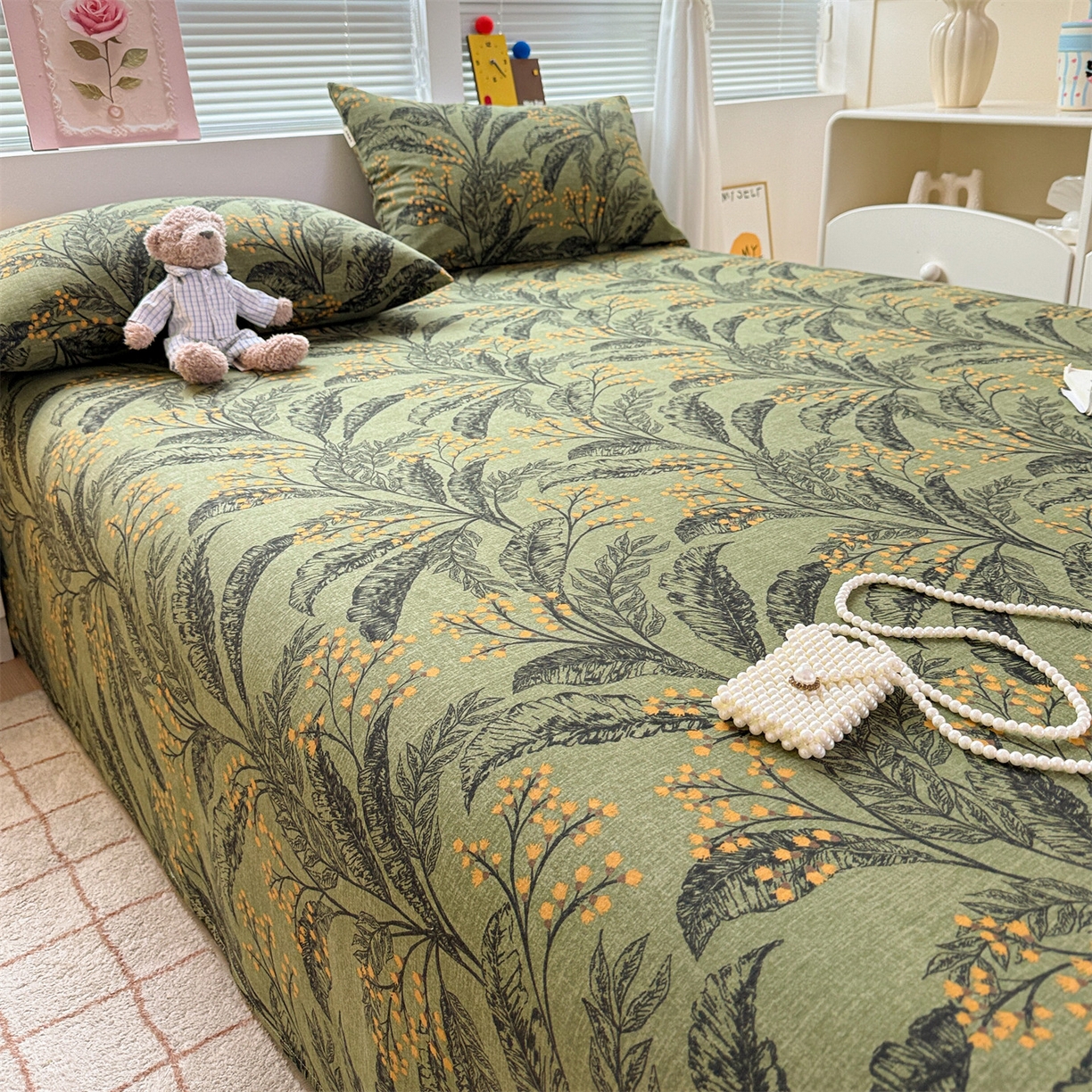 91家纺网 家纺一手货源 找家纺 名兮家居 2025秋冬新款100%全棉纯棉磨毛单床单 床单单件 繁叶流金-绿