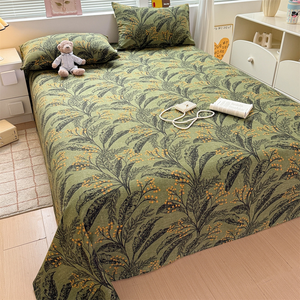 91家纺网 家纺一手货源 找家纺 名兮家居 2025秋冬新款100%全棉纯棉磨毛单床单 床单单件 繁叶流金-绿